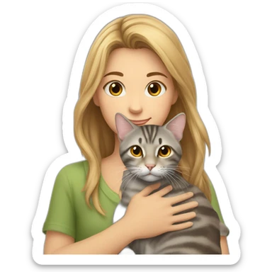 a tabby cat of brown and gray color sits in the arms of a fair-haired girl sticker