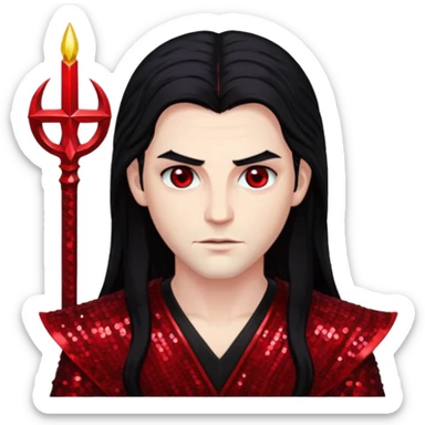 Lucifer from The Bible with long black hair, dark red sequin outfit sticker