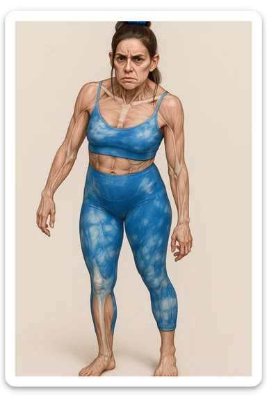 Donna in abbigliamento sportivo, postura asimmetrica, stile medico realistico, muscoli e ossa visibili, segni specifici di stress cronico: mascella serrata, spalle sollevate, rughe sulla fronte, occhiaie marcate, mani contratte, sfondo neutro, formato verticale. sticker