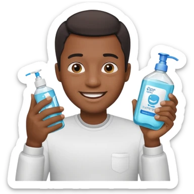Apple emoji style, Black man with short hair, smiling and holding mouthwash sticker