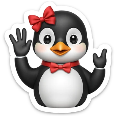 Un pinguino con una pajarita roja haciendo el gesto con la mano abierta de cumplir una promesa sticker