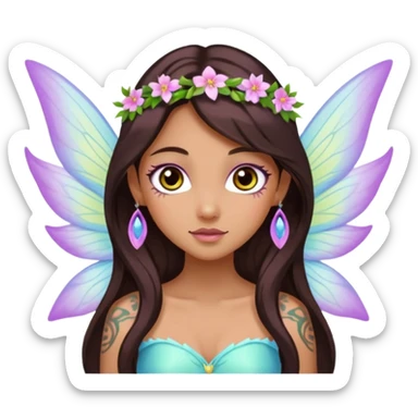Earthreal sparkly angelic mystical magical shiny pretty Fairy. Dark Brown eyes, Caramel skin, Long dark brown hair. White, hot pink and light blue and lavender, light green, light yellow fairy wings. Tattoos sticker