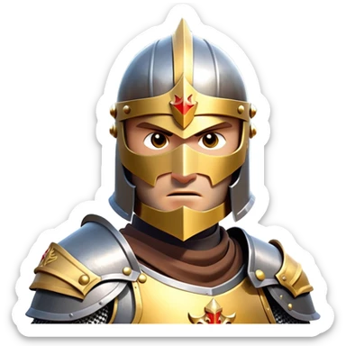 clash-of-clans-aesthetic_-cinematic-fearsome-and-majestic-knight-bust-portrait-emoji, rendered in a flat, vector-style with minimal shading and bold, simplified shapes, depicting a battle-ready medieval knight with steely eyes and intricate armor, mounted on a warhorse reflecting sunlight over a misty battlefield. sticker