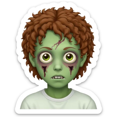  green teen zombie with brown curly hair and brown eyes wearing a white sweat sticker