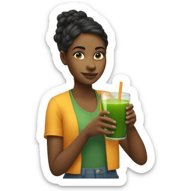 a girl holds a glass with orange juice in one hand and a green juice in another hand sticker