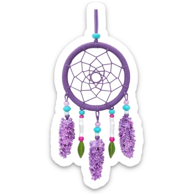 Lavender lilac pastel purple dreamcatcher-suncatcher with lavender flowers and lilac flowers attached, cyan beads, white beads, rose-pink beads, green leaves sticker