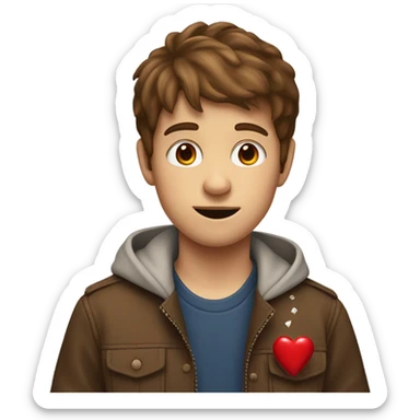 Brown haired boy holding a small ketchup packet with red hearts where his eyes are  sticker