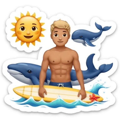 marine style emoji with waves, whale, male shirtless surfer, summer atmosphere with sun and warm  sticker