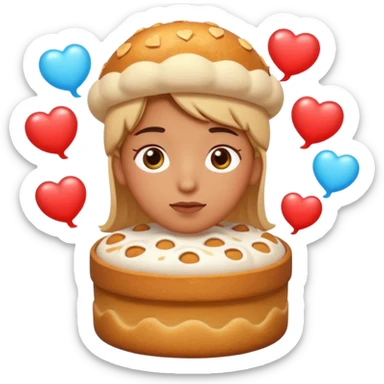 Apple-style emoji illustration of a person with dreamy eyes, and avobe them a thinking bubble with a traditional panettone inside the bubble, small hearts floating around, soft 3D emoji style, smooth gradients, rounded shapes, warm festive colors, simple expression. sticker