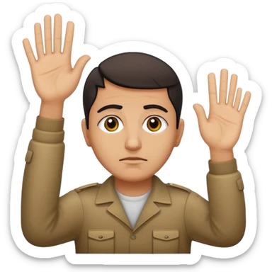 surrenders, portray an authentic 1980 Iraqi with a sad face and raised hands sticker