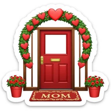 House door with heart-shaped wreath and welcome mat reading "Mom", max 128kb, 100px x 100px sticker