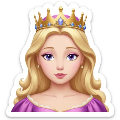 Cinematic Realistic Sleeping Beauty (Aurora) Portrait, with porcelain-like skin featuring a natural rosy flush, illuminated by soft lighting that highlights the gentle contours of her face. Her golden blonde hair flows in soft, detailed waves with subtle highlights that shimmer in the light. Her deep violet-blue eyes radiate warmth and innocence, framed by arched brows and long lashes. Her serene expression exudes quiet elegance. She is dressed in her classic pink gown, the fabric rich in texture with delicate folds that catch the light. A golden crown rests atop her head, gleaming with royal refinement. The portrait captures a soft, glowing aura, blending realism with an ethereal sense of beauty and timeless enchantment. sticker