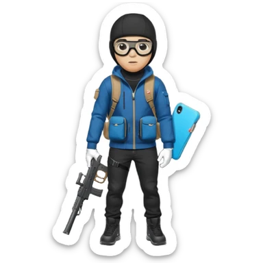 YN wearing a ski mask, holding a gun, all black fit, black jeans, Sprayground bookbag, confident stance with glasses sticker