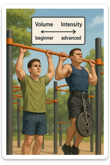 Due atleti fianco a fianco in un parco attrezzato: a sinistra il neofita che fa 10 trazioni leggere con concentrazione, a destra l’atleta avanzato con cintura zavorrata che fa 3 ripetizioni lente e pesanti. Tra loro, grafico sospeso in aria che mostra: 'Volume → neofita | Intensità → avanzato'. Stile realistico con elementi educativi visivi sticker