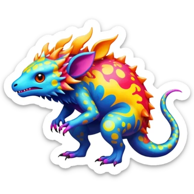 a colorful edgy vernid-fionbri-creature with splash patterns full body sticker