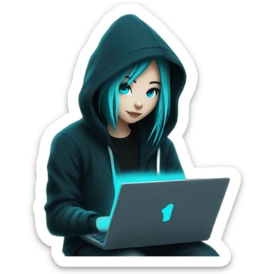  Girl artist behind his laptop with this style : Alan Walker Singer neon glowing bright black+cyan character black+cyan themed character sticker