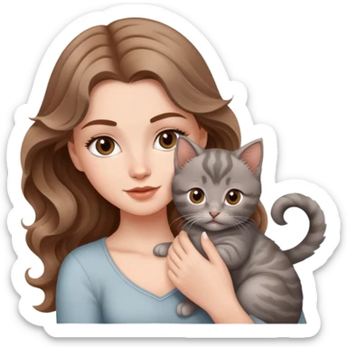 A beautiful  white girl with big brown waves was holding a gray kitten sticker