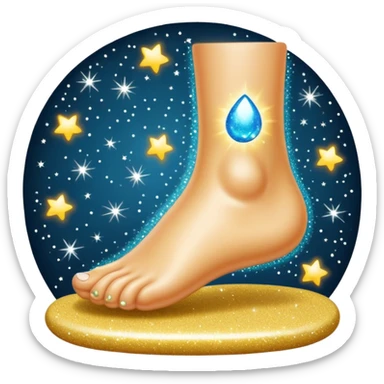 emoji of a human foot pressing on the ground, with two short curved pressure lines under the sole to show the weight, surrounded by shiny glitter sparkles for a bright and sparkling effect, simple cartoon style sticker