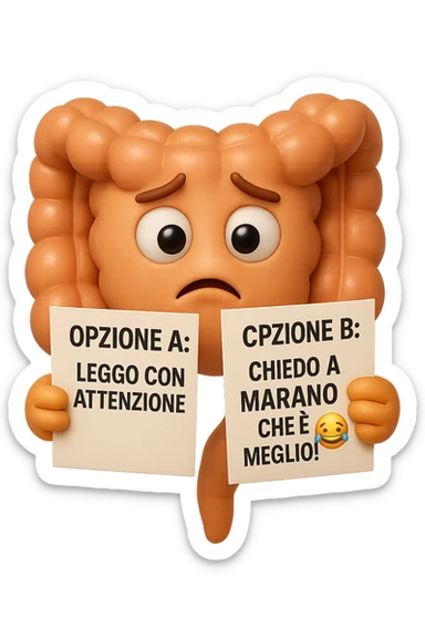 SU QUESTO STILE FAI UN EMOJI STILE IPHONE 3D DI UN INTESTINO CHE HA nella mano destra "OPZIONE A: LEGGO CON ATTENZIONE" E NELLA MANO SINISTRA" OPZIONE B: CHIEDO A MARANO CHE è MEGLIO! (METTICI UNO SMILE CON RISATE QUI)", FAGLI UN ESPRESSIONE CONFUSA MENTRE GUARDA L'OPZIONE A E FALLO MOLTO REALISTICO IN 3D sticker