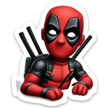 Cute Deadpool sitting at a desk, front view sticker