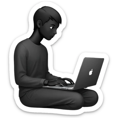 Minimalistic flat vector icon, iOS style, thin black contour on white background. Person silhouette sitting with a laptop, code brackets <> on the screen. Clean, no te sticker