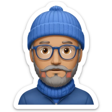 Create a figure that reflects an experienced entrepenurr but who has professional and elegant clothing, blue winter cap, grey glasses, brown eyes and an unkempt beard  sticker