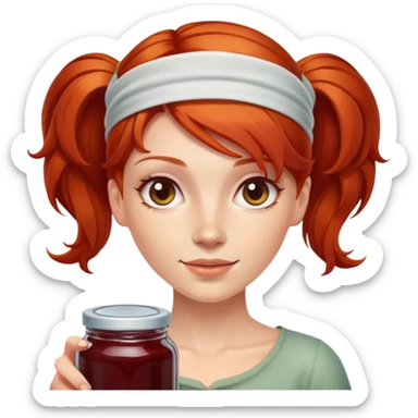 redhead woman showing a glass jar with jam at arms length, closeup sticker