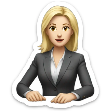 Blonde white woman wearing a suit sitting on the table telling the news towards the camera sticker