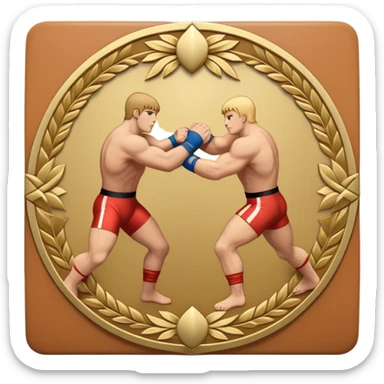 An icon symbolizing wrestling combat sports in the style of an emblem. The design features two wrestlers locked in a powerful grapple, one attempting to take the other down. Surrounding the scene are stylized elements like a championship belt, wrestling mat, and a laurel wreath.  sticker