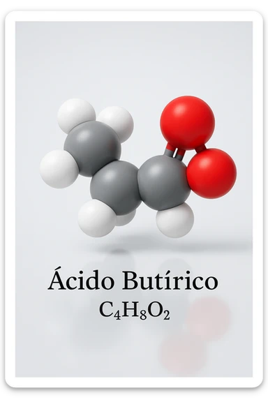 a detailed space-filling model of butyric acid, with each atom color-coded (carbon: gray, hydrogen: white, oxygen: red). The molecule is centered and slightly rotated to show depth, with a subtle reflection on the surface below. The name “Acido Butirrico” and the formula C4H8O2 appear as clear labels. sticker