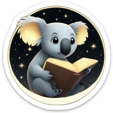 A koala perched on a ethereal glowing crescent moon, with dark black sky,  reading a book with constellations glowing on the pages sticker