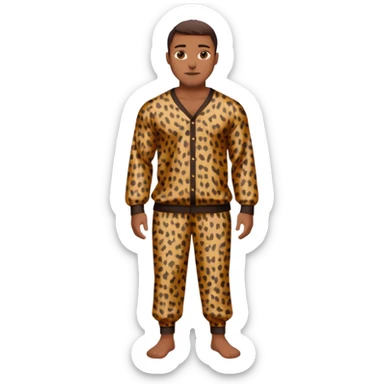Handsome Black man with brown skin tone, with muscular build, wearing loose fitting long sleeve leopard print pajamas and white slippers  sticker
