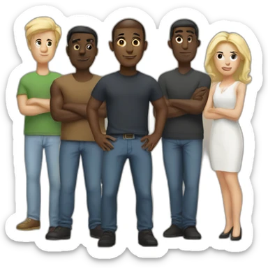 five dark-skinned men stand in a row behind a pale blonde woman sticker