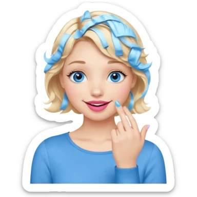 Girl Blonde short wavy hair,  blue eyes, cute blue top, long lashes, pink lips, smiling, hand covering the mouth sticker