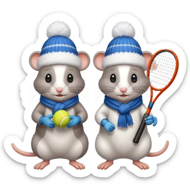 Rats playing tennis in winter with gloves hat and scarves on sticker