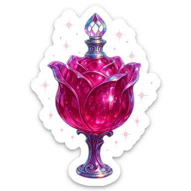 luxurious crystal elixir bottle in rose flower shape, deep pink color, ornate silver and iridescent details, magical glowing and sparkling effects, very small neck, seamless bottom, transparent background, bottle clearly floating in air, no base or shadow, modern, collection style sticker