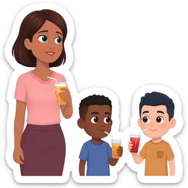 A woman emojie that looks after her old brothers one has a black skin two are light skinned while they are drinking sticker