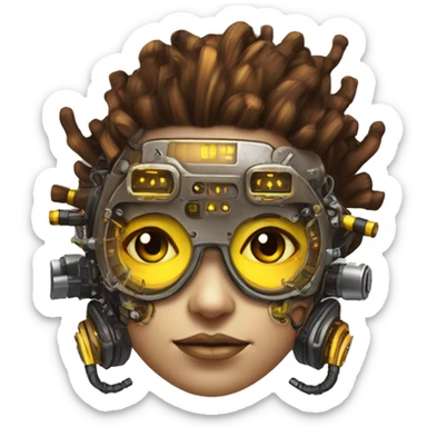 Brown with yellow streaks Mohawk hair female cyborg head, fair skin, steampunk goggles and circuits sticker