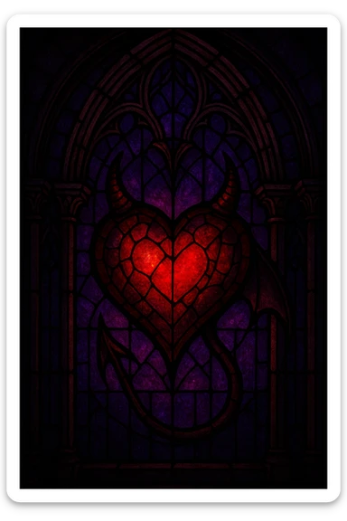 Create a gothic devil heart with a stained glass effect, glowing red and purple colors, surrounded by gothic arches for a dramatic and mystical look. sticker