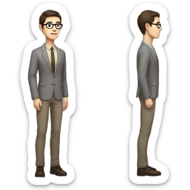 Full height Pale skinned fit man with dark brown hair in gray jacket, beige office shirt, brown tie, brown pants and vintage glasses. His right hand stretched out sticker