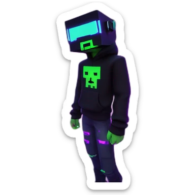 Minecraft Creeper wearing a black hoodie with "OMG" letters on it and VR headset in a cyberpunk VR environment with violet neon lighting. sticker