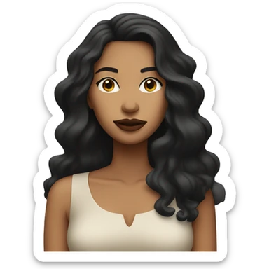 Tan woman with long wavy black hair and lips in straight expression  sticker