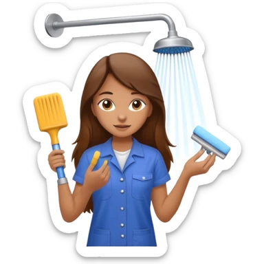 beautiful girl with long brown hair constructing new bathroom area with new shower and amenities  sticker
