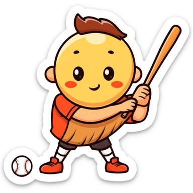 a wooden log with thin stick legs, cute cartoonish face, holding a baseball bat sticker