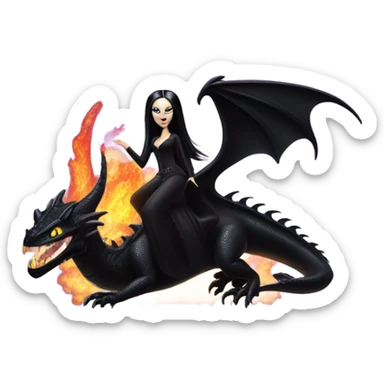 empowered beautifully dressed teen Morticia Addams Malibu Beach Barbie Jedi flying/riding on the back of a very large black shiny evil-looking fire-spewing horned dragon. proper scale sticker