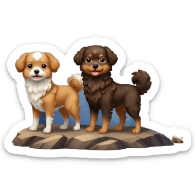 two dogs with wavy hair, one black and brown, one shades of brown with mountains sticker