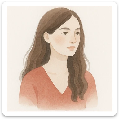 a woman with long chocolate brown hair wearing a red v-neck top, soft watercolor art style sticker