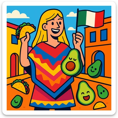 cartoon of a tall blonde woman smiling wearing a colorful poncho holding a taco and an avocado waving a Mexico flag surrounded by tacos and avocados on a lively street background with bright and bold colors sticker