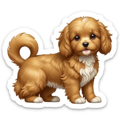 cinematic-[cavoodle dog]-realistic-full-body-sitting-emoji,-tail-resting-loosely-beside-its-paws,-head-tilted-dramatically,-wavy-[solid golden]-fur,-simplified-yet-realistic-focused-features,-highly-detailed,-glowing-with-an-almost-sarcastic-glow sticker