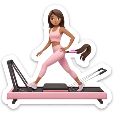 a girl doing reformer pilates, she is wearing a pastel pink fit and she has dark straight and loose hair.  sticker